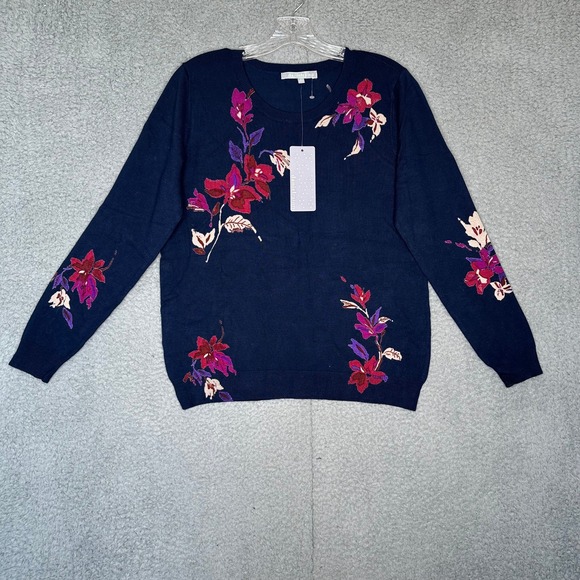 Daniel Rainn Navy Blue Floral Crewneck Sweater NWT D70005SR2 Womens Medium - Picture 1 of 7